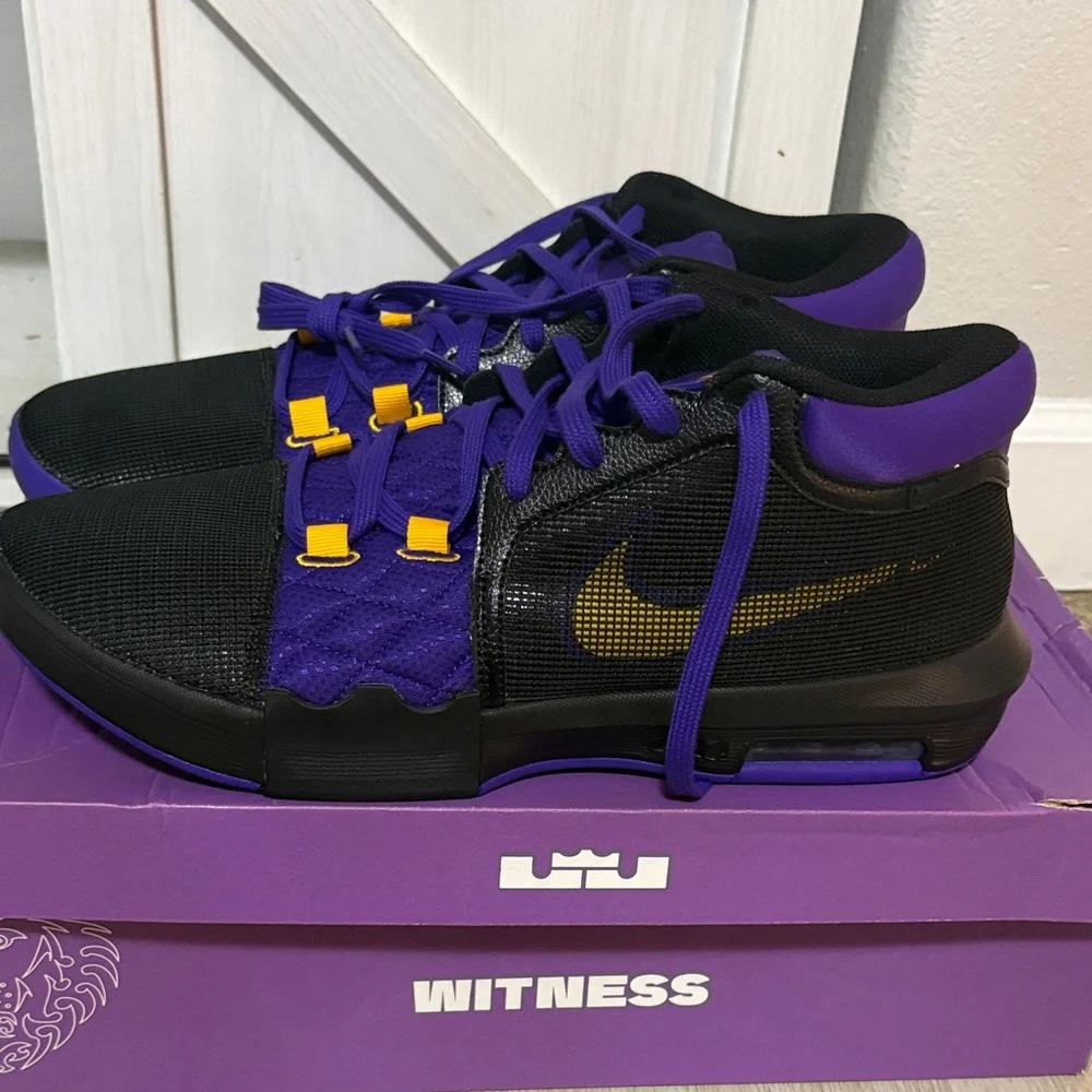 Nike Men's Purple and Black LeBron Witness 8 Athletic Shoes with Yellow Accents